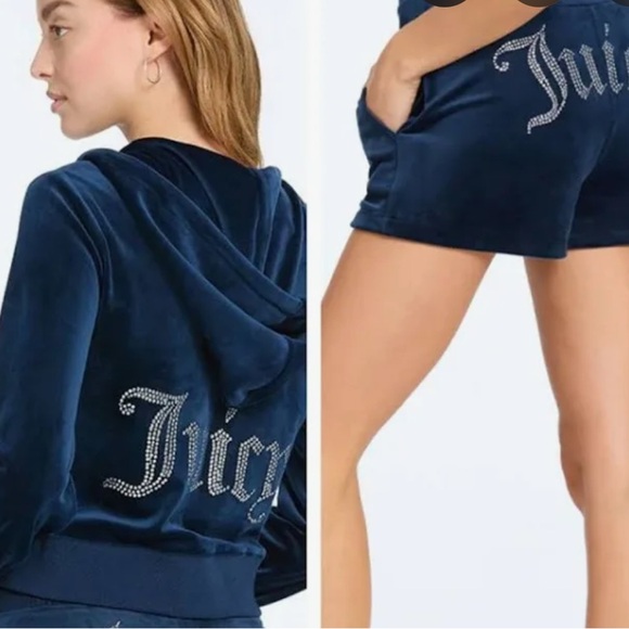 Juicy BIG BLING VELOUR HOODIE Shorts SET size L Velour Regal blue - Picture 2 of 10